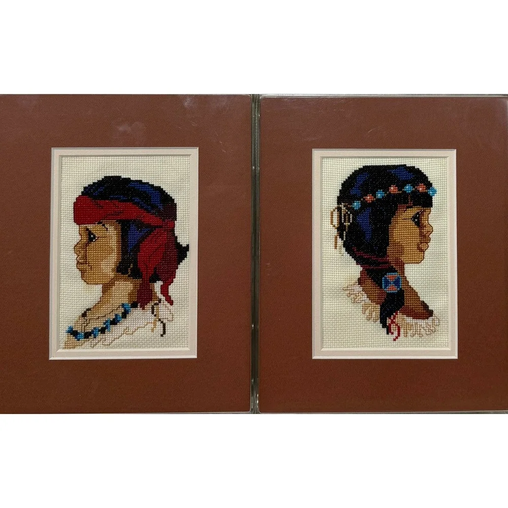 Vintage Native American Needlepoint Portraits Set of 2 Southwestern Wall Art